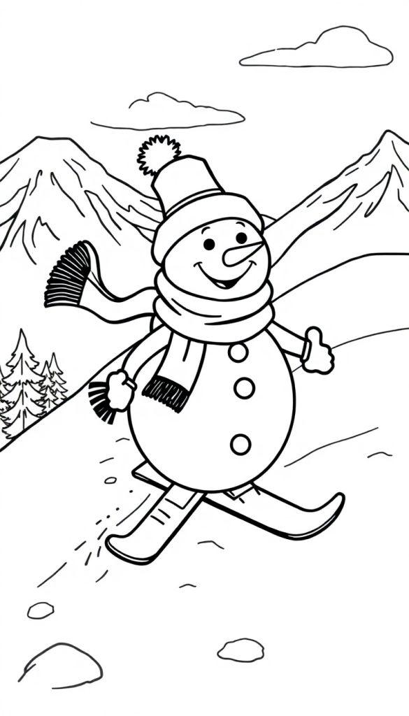 Lachende sneeuwpop skiënd op een kleurplaat met bergen en bomen op de achtergrond