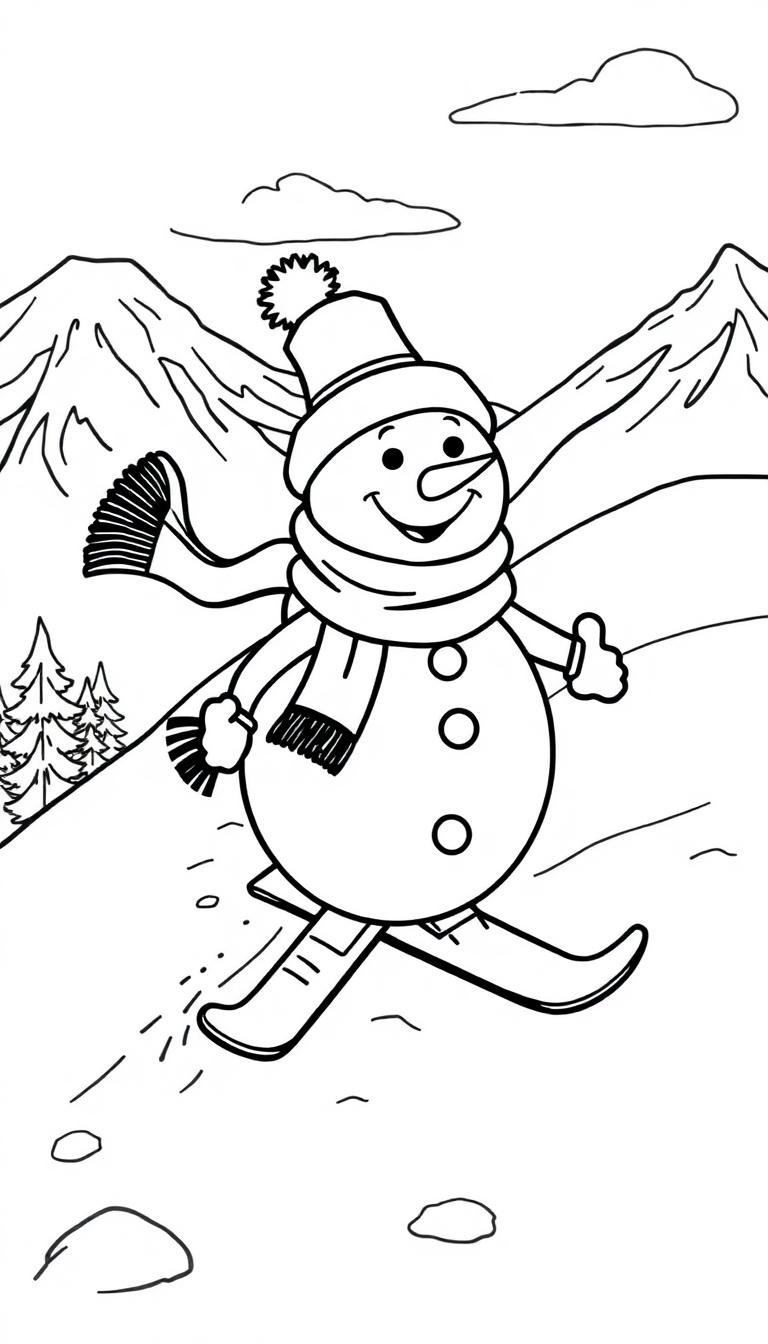 Lachende sneeuwpop skiënd op een kleurplaat met bergen en bomen op de achtergrond