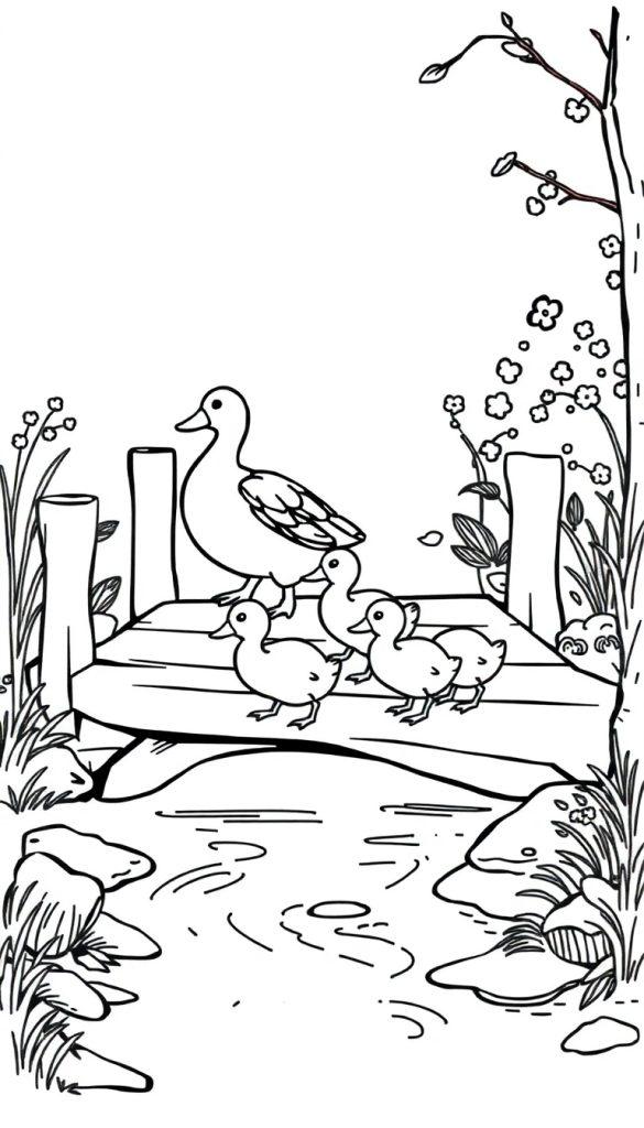 Kleurplaat van een moeder eend met vier eendjes die over een houten brug lopen, omgeven door bloemen, gras en een boomtak met bloesem.