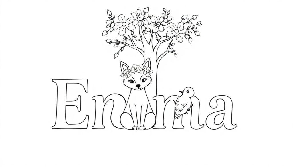 Kleurplaat met de naam Emma, dieren en bloemen, perfect voor kinderen om in te kleuren.