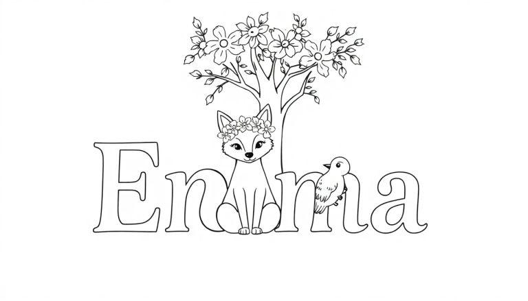 Kleurplaat met de naam Emma, dieren en bloemen, perfect voor kinderen om in te kleuren.