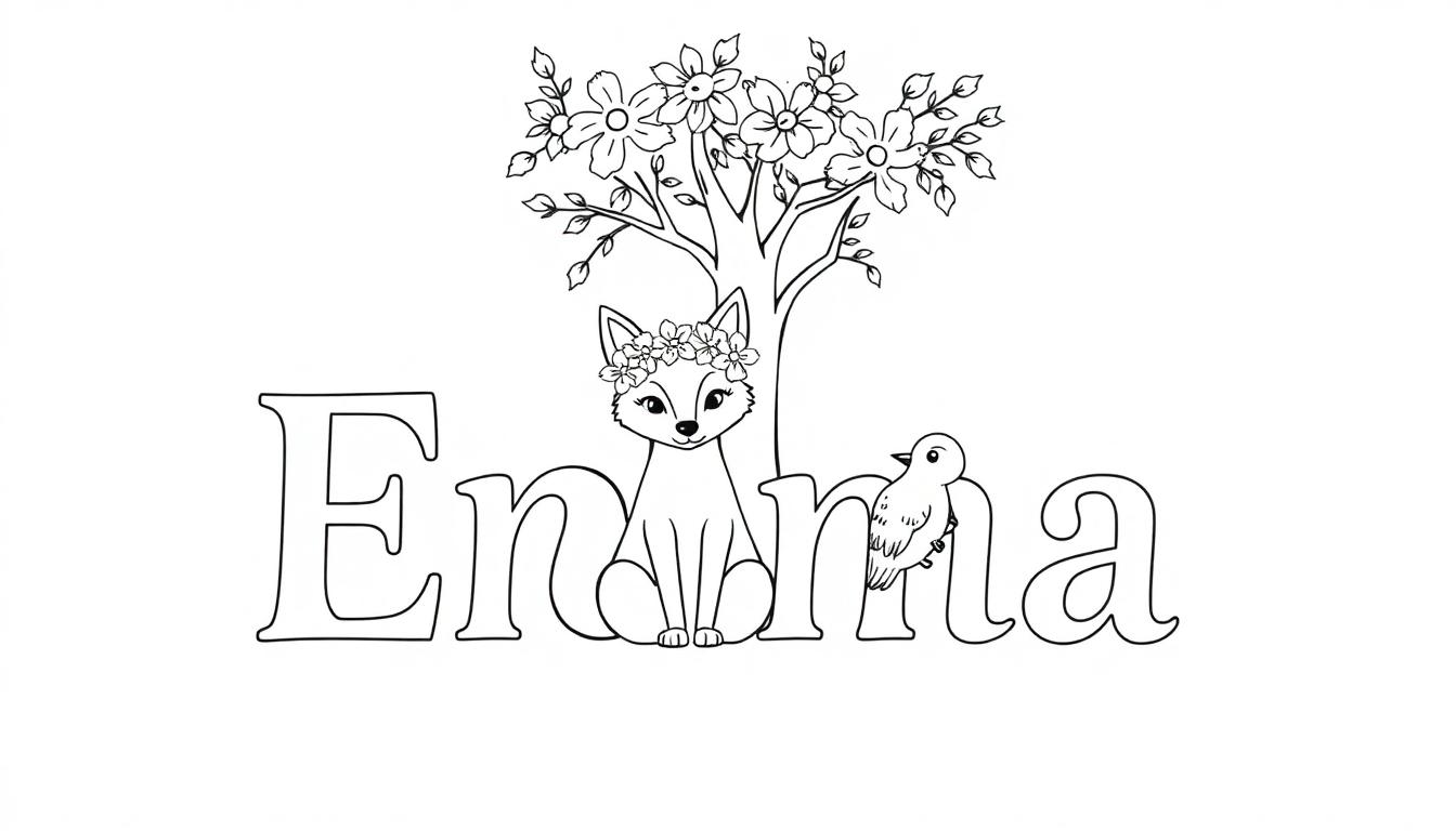 Kleurplaat met de naam Emma, dieren en bloemen, perfect voor kinderen om in te kleuren.