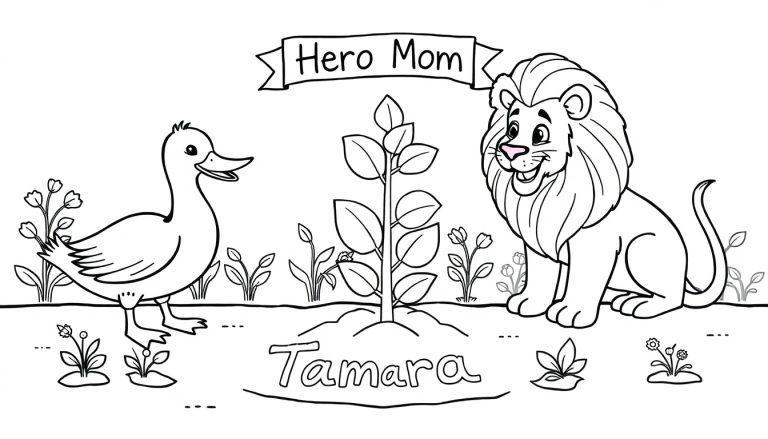 Deze kleurplaat toont een vrolijke scène met een eend en een leeuw die samen naar een groeiende plant kijken. Onder de plant ligt de naam Tamara in de grond en boven hangt een banner met 'Hero Mom'. Op de achtergrond bloeien bloemen en planten. Een leuke kleurplaat voor kinderen om in te kleuren.