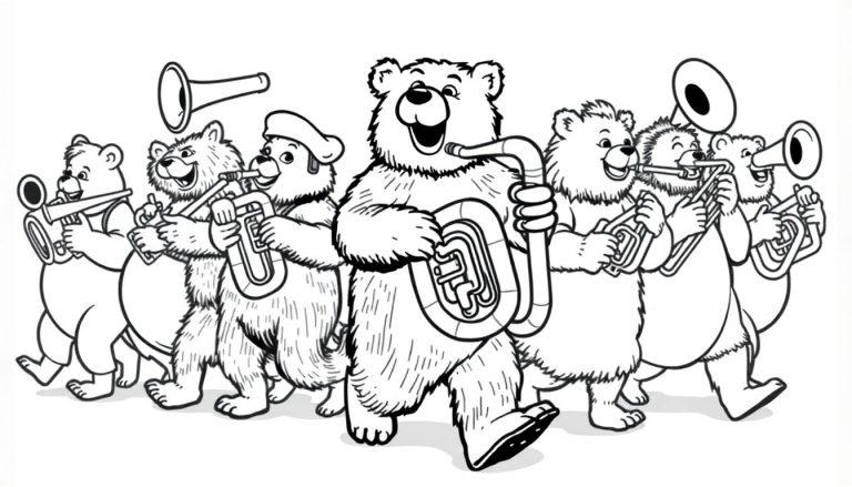 Kleurplaat van zes blije beren die in een optocht lopen met blaasinstrumenten, één beer draagt een barettop, in zwart-wit lijnen.