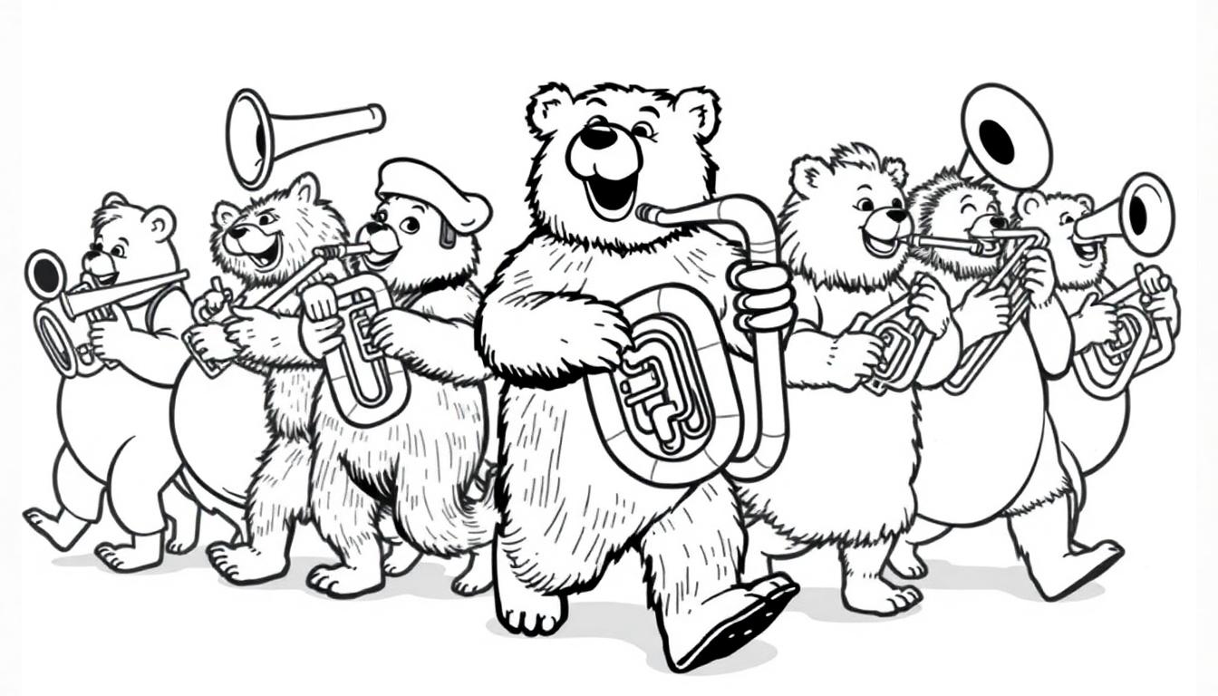 Kleurplaat van zes blije beren die in een optocht lopen met blaasinstrumenten, één beer draagt een barettop, in zwart-wit lijnen.