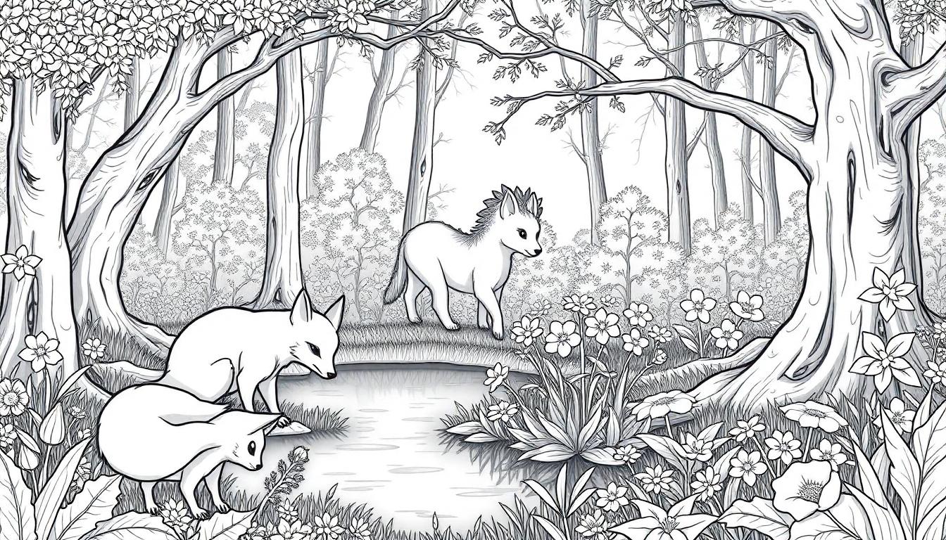 Een kleurplaat van een magisch bos met een vijver, bloemen en fantasiedieren.