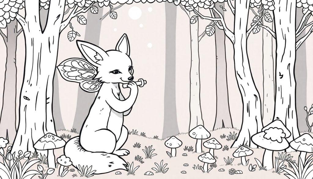 Kleurplaat van een magisch bos met een fantasieachtig vosachtig wezen dat op een fluit speelt, omgeven door bomen, paddenstoelen en bladeren.