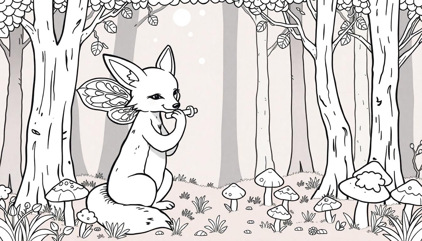 Kleurplaat van een magisch bos met een fantasieachtig vosachtig wezen dat op een fluit speelt, omgeven door bomen, paddenstoelen en bladeren.