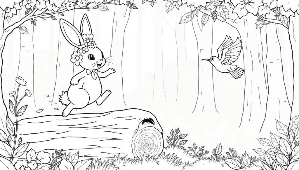 Kleurplaat met een schattig konijn met bloemenkrans en een kolibrie in een bosrijke omgeving