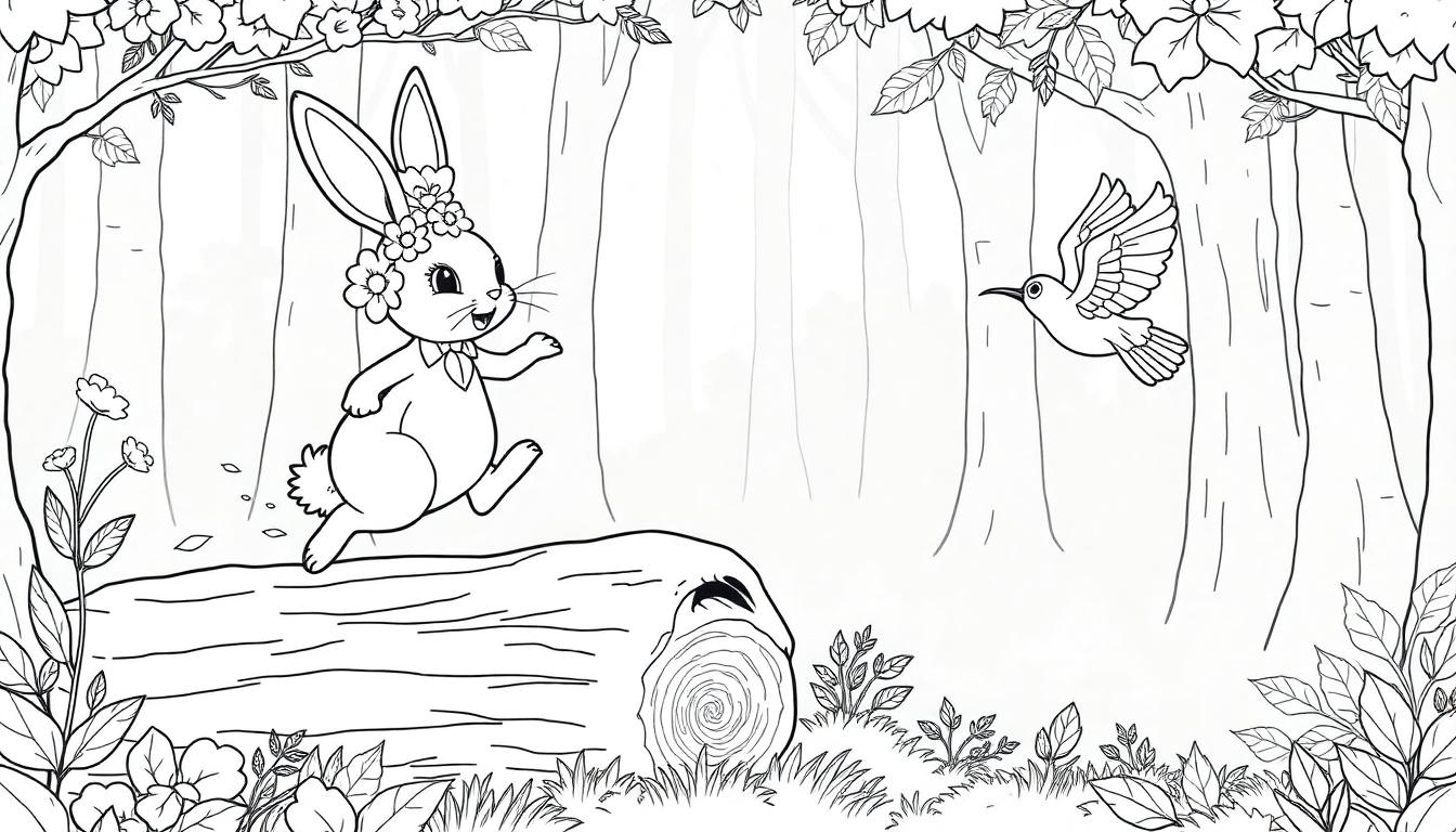 Kleurplaat met een schattig konijn met bloemenkrans en een kolibrie in een bosrijke omgeving