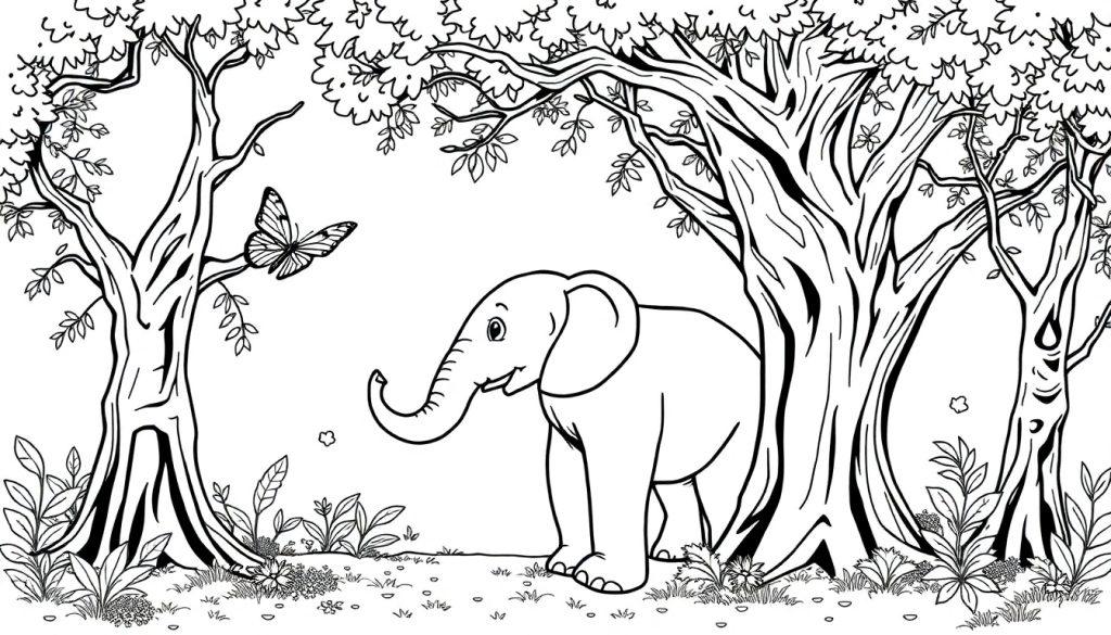 Zwart-witte kleurplaat van een vrolijk bos met een olifant en een grote vlinder die samen plezier maken.