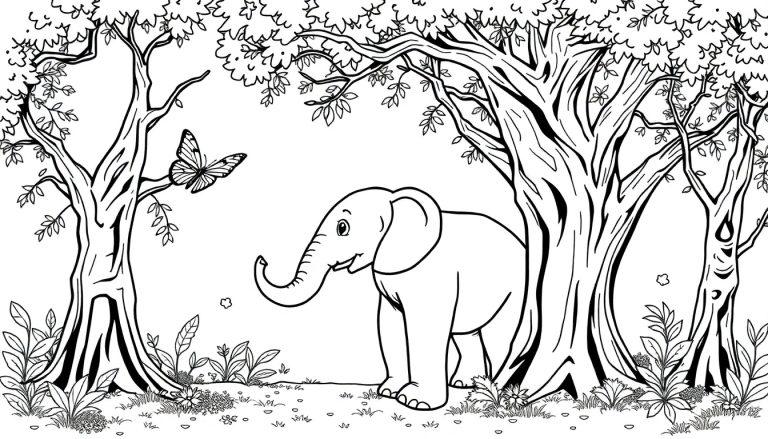 Zwart-witte kleurplaat van een vrolijk bos met een olifant en een grote vlinder die samen plezier maken.