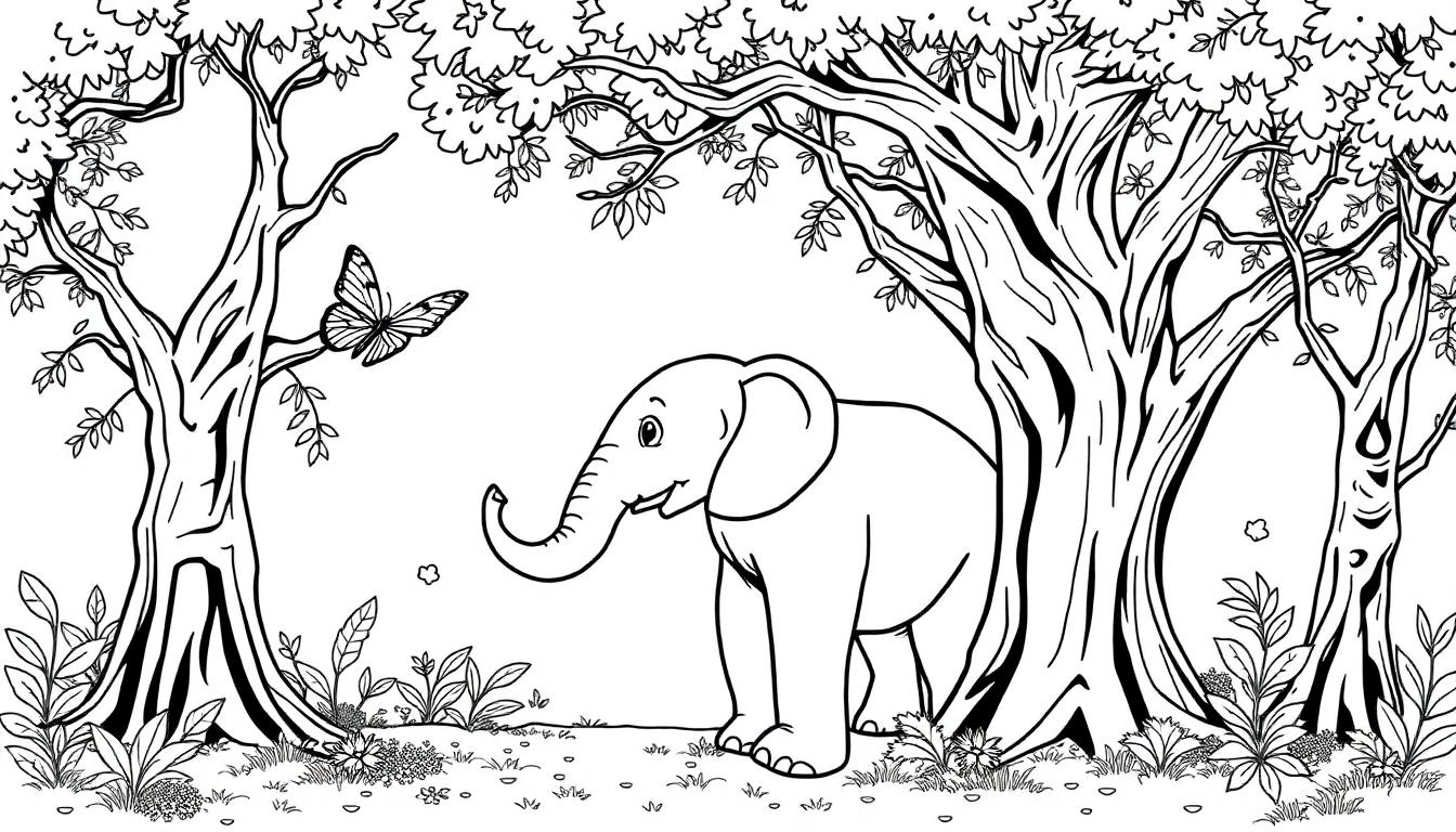 Zwart-witte kleurplaat van een vrolijk bos met een olifant en een grote vlinder die samen plezier maken.