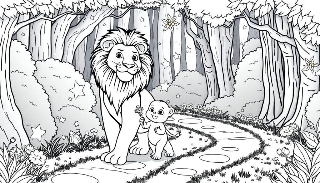 Zwart-wit kleurplaat van een magisch bos met een grote leeuw en een babyleeuw die samen over een kronkelend stenen pad wandelen, omgeven door bomen, bloemen en sterren. Perfect voor kinderen om in te kleuren!