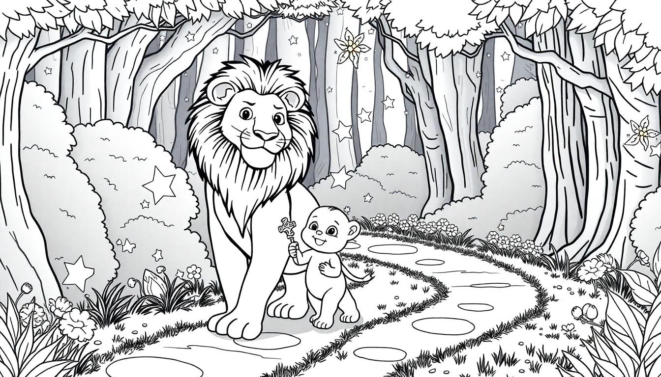 Zwart-wit kleurplaat van een magisch bos met een grote leeuw en een babyleeuw die samen over een kronkelend stenen pad wandelen, omgeven door bomen, bloemen en sterren. Perfect voor kinderen om in te kleuren!