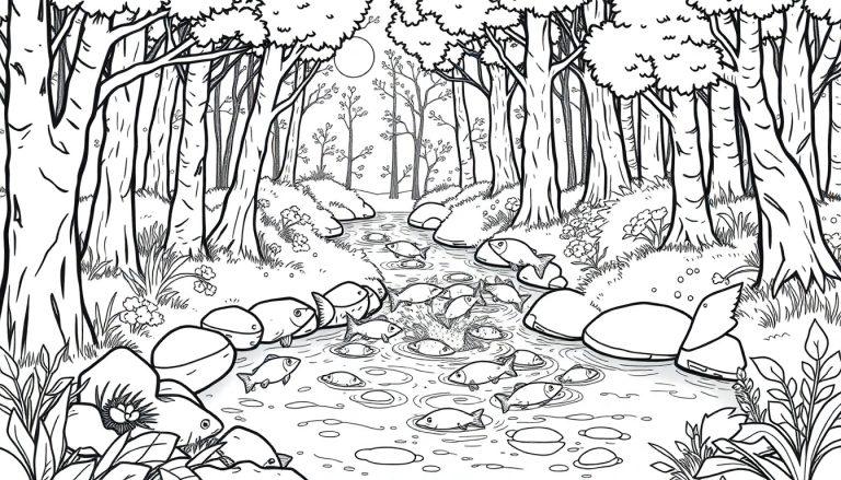 Zwart-wit kleurplaat van een rustig bos met een kronkelend beekje en zwemvisjes, omringd door hoge bomen en bloemen.