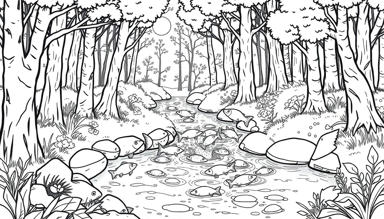 Zwart-wit kleurplaat van een rustig bos met een kronkelend beekje en zwemvisjes, omringd door hoge bomen en bloemen.