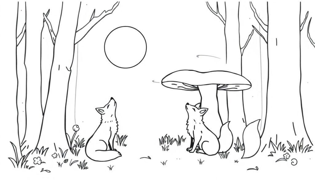 Kleurplaat van twee vosjes in een magisch bos, met een maan in een cirkel en een grote paddestoel