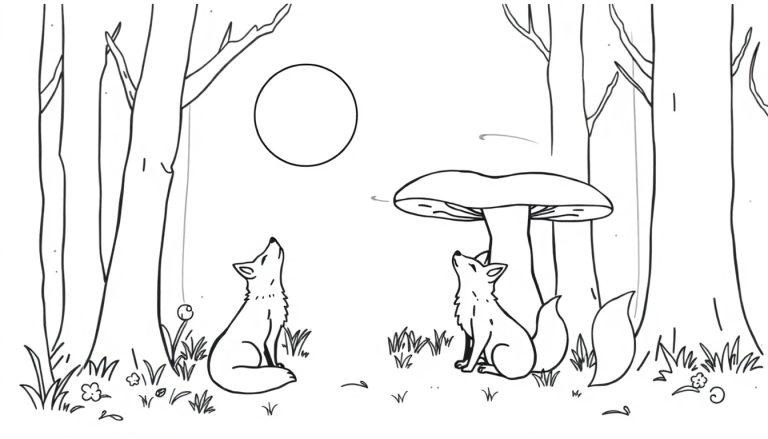 Kleurplaat van twee vosjes in een magisch bos, met een maan in een cirkel en een grote paddestoel