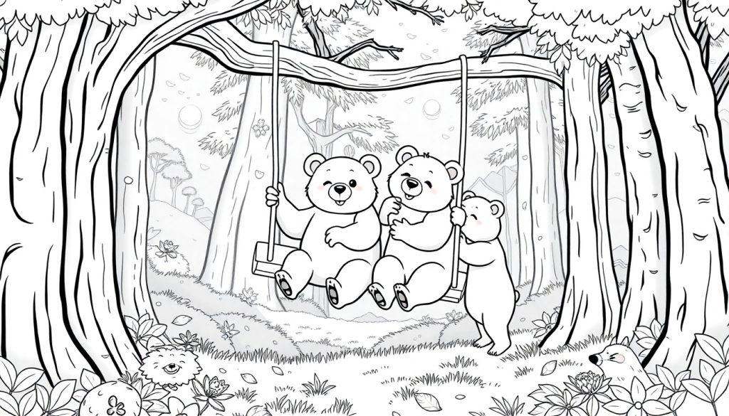 Kleurplaat van een magisch bos met dikke bomen en drie lieve beertjes die op een schommel zitten en door een vriendje worden geduwd. Voorgrond met bloemen, bladeren en een klein dier dat tussen de bladeren kijkt, ideaal om in te kleuren.