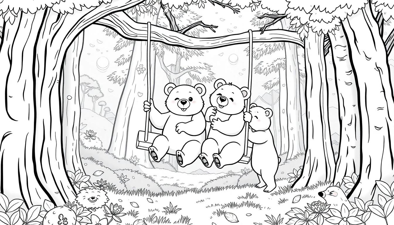 Kleurplaat van een magisch bos met dikke bomen en drie lieve beertjes die op een schommel zitten en door een vriendje worden geduwd. Voorgrond met bloemen, bladeren en een klein dier dat tussen de bladeren kijkt, ideaal om in te kleuren.