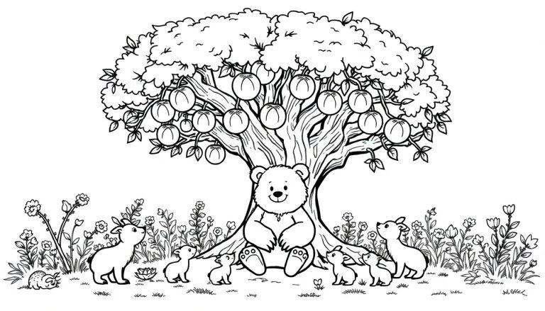 Kleurplaat van een vredig bos met een lachende beer, kleine dieren, bloemen, en een slapend egeltje.