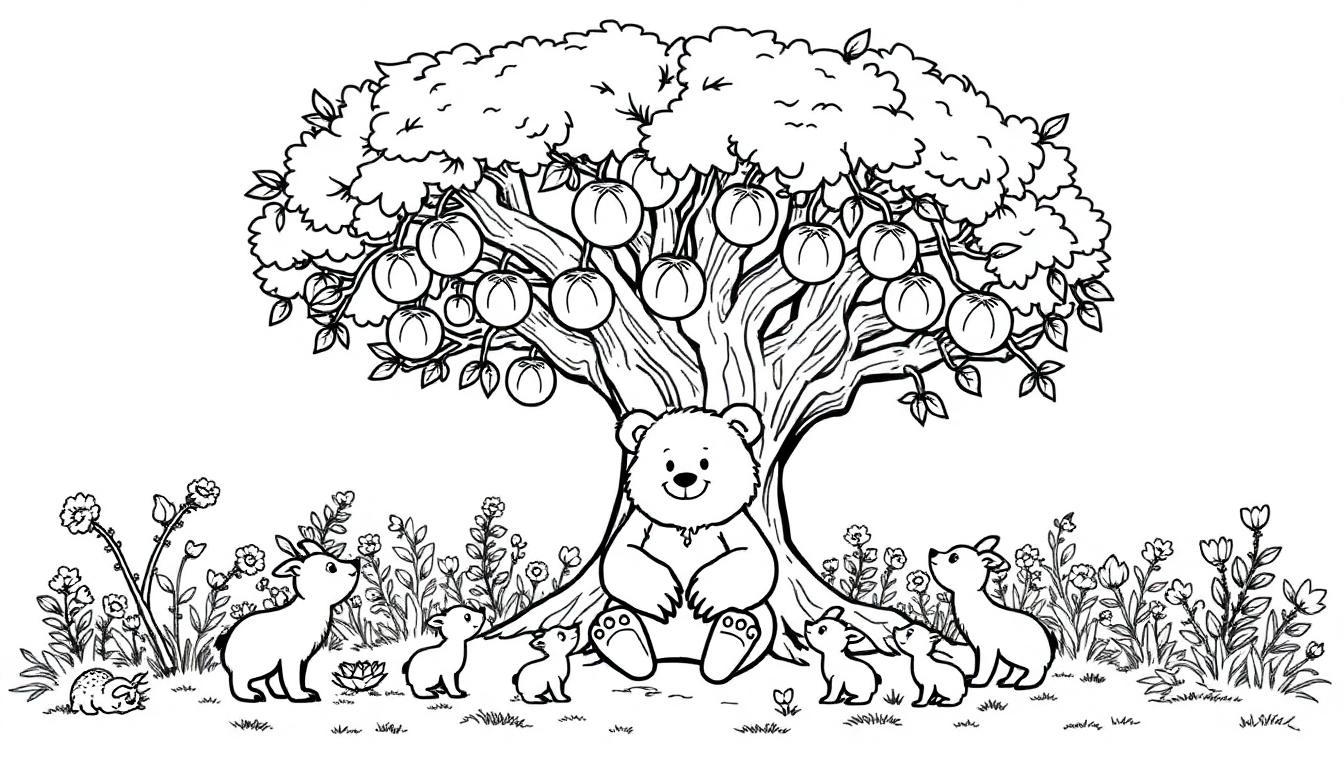 Kleurplaat van een vredig bos met een lachende beer, kleine dieren, bloemen, en een slapend egeltje.