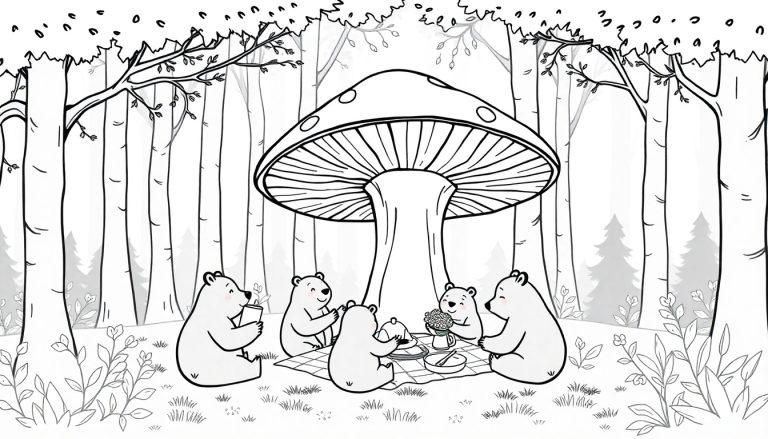Kleurplaat van een bos met zeven beertjes die onder een grote paddenstoel picknicken.