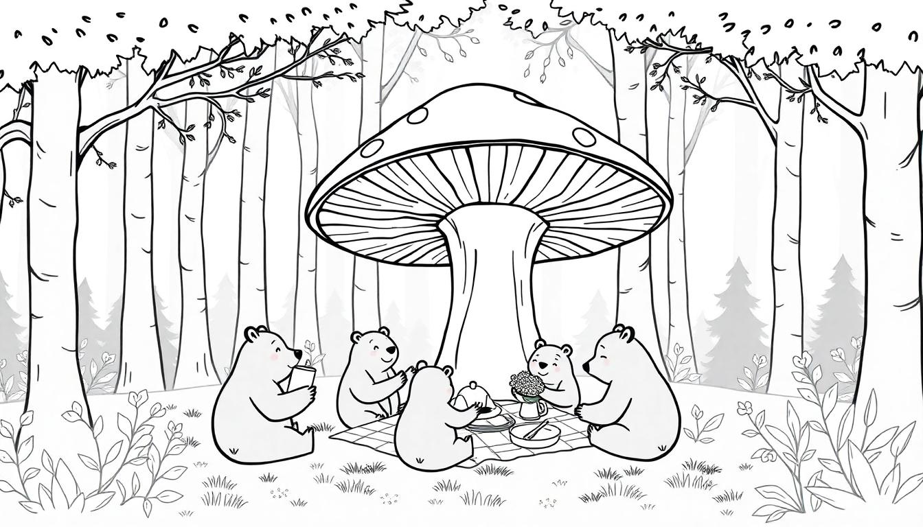Kleurplaat van een bos met zeven beertjes die onder een grote paddenstoel picknicken.