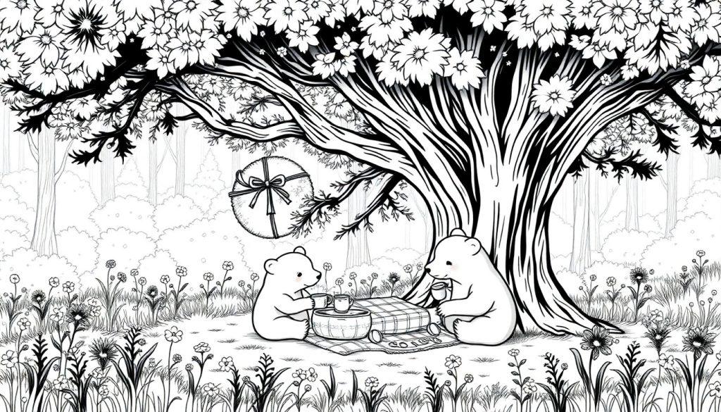 Een kleurplaat van twee schattige beren die samen picknicken onder een grote boom met bloemen, een mand en een hangende lampion met strik.