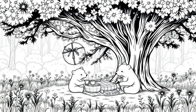 Een kleurplaat van twee schattige beren die samen picknicken onder een grote boom met bloemen, een mand en een hangende lampion met strik.