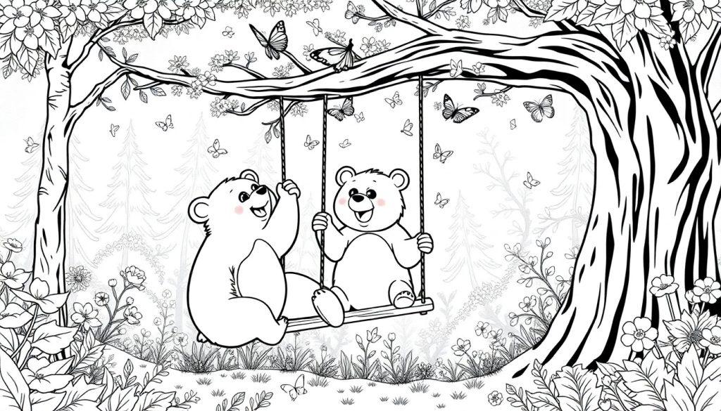 Kleurplaat van twee lachende beren op een schommel in een magisch bos met bloemen en vlinders.