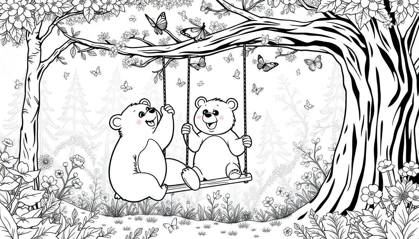 Kleurplaat van twee lachende beren op een schommel in een magisch bos met bloemen en vlinders.
