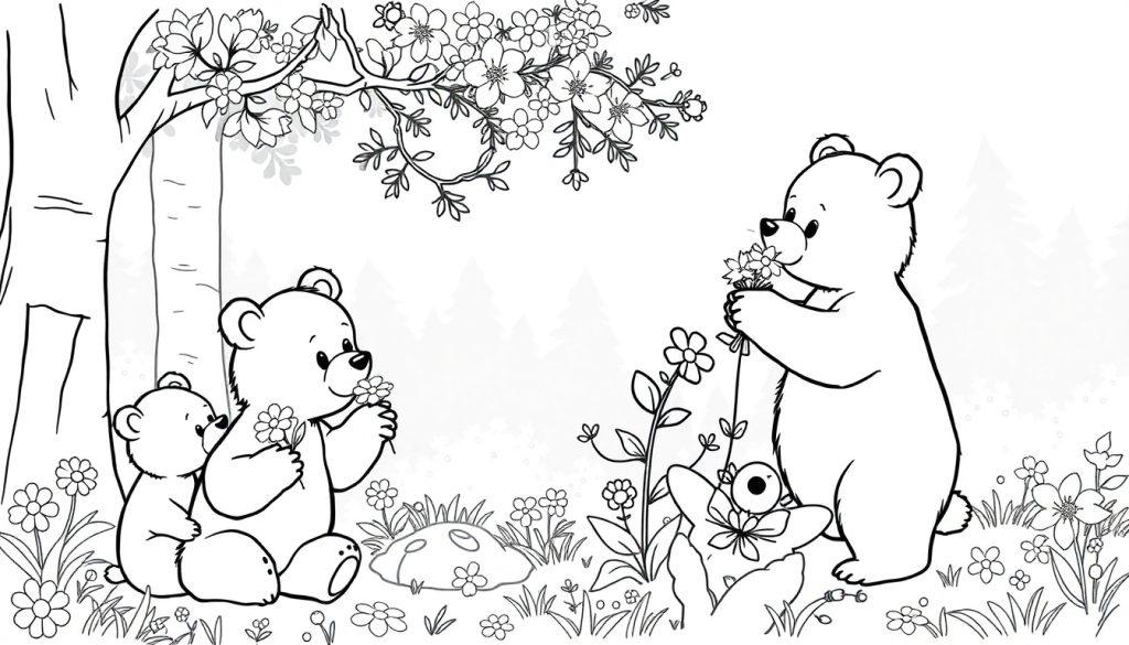 Kleurplaat van een magisch bos met twee kleine beren onder een boom en een grote beer die bloemen plukt, allemaal in zwart-wit. Een kleurrijke bloemrijke omgeving met bomen, gras en bloesems.