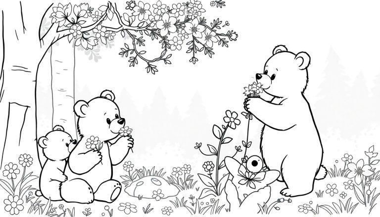 Kleurplaat van een magisch bos met twee kleine beren onder een boom en een grote beer die bloemen plukt, allemaal in zwart-wit. Een kleurrijke bloemrijke omgeving met bomen, gras en bloesems.