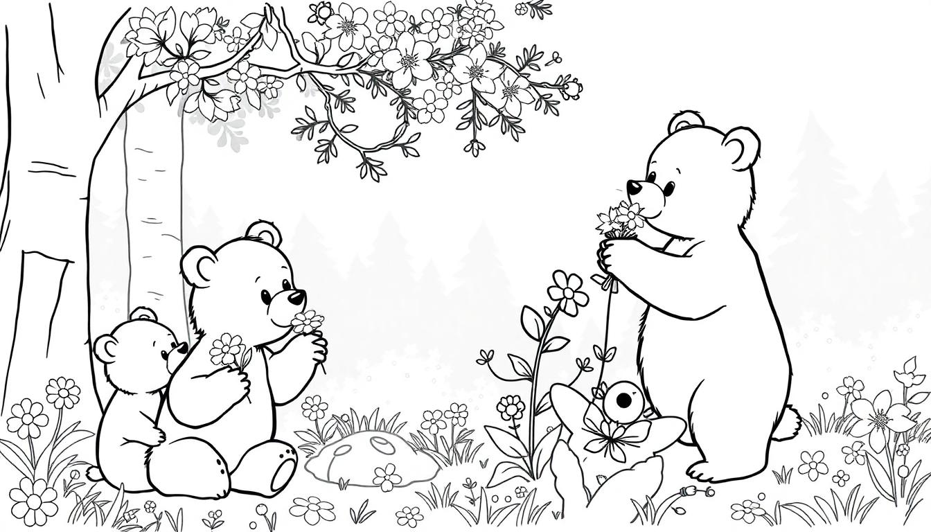 Kleurplaat van een magisch bos met twee kleine beren onder een boom en een grote beer die bloemen plukt, allemaal in zwart-wit. Een kleurrijke bloemrijke omgeving met bomen, gras en bloesems.