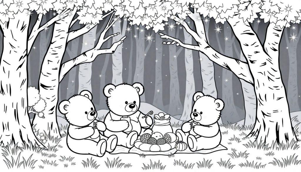Kleurplaat van een magisch bos met drie teddyberen die samen eten, een eekhoorn op een boomstam en glinsterende sterren om hen heen.