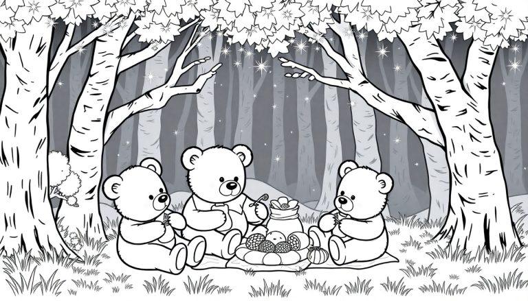 Kleurplaat van een magisch bos met drie teddyberen die samen eten, een eekhoorn op een boomstam en glinsterende sterren om hen heen.
