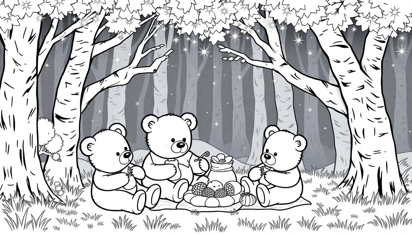 Kleurplaat van een magisch bos met drie teddyberen die samen eten, een eekhoorn op een boomstam en glinsterende sterren om hen heen.