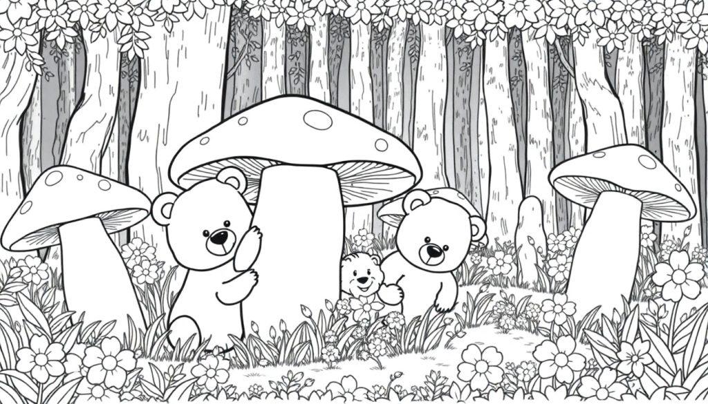 Zwart-wit kleurplaat van een magisch bos met drie speelse beren, grote paddenstoelen, bloemen en hoge bomen, perfect om in te kleuren.