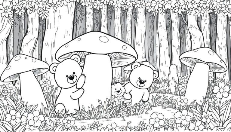 Zwart-wit kleurplaat van een magisch bos met drie speelse beren, grote paddenstoelen, bloemen en hoge bomen, perfect om in te kleuren.