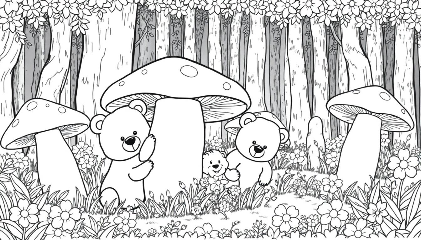 Zwart-wit kleurplaat van een magisch bos met drie speelse beren, grote paddenstoelen, bloemen en hoge bomen, perfect om in te kleuren.