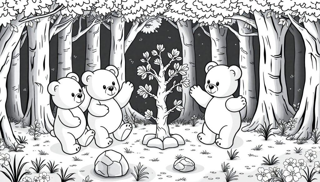 Kleurplaat van drie schattige beren die rond een kleine, bladerrijke boom zitten in een magisch bos, allemaal blij en met hun poten omhoog.