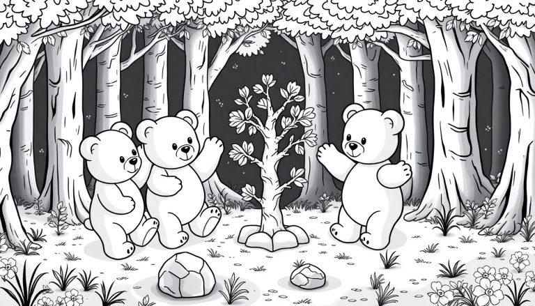 Kleurplaat van drie schattige beren die rond een kleine, bladerrijke boom zitten in een magisch bos, allemaal blij en met hun poten omhoog.