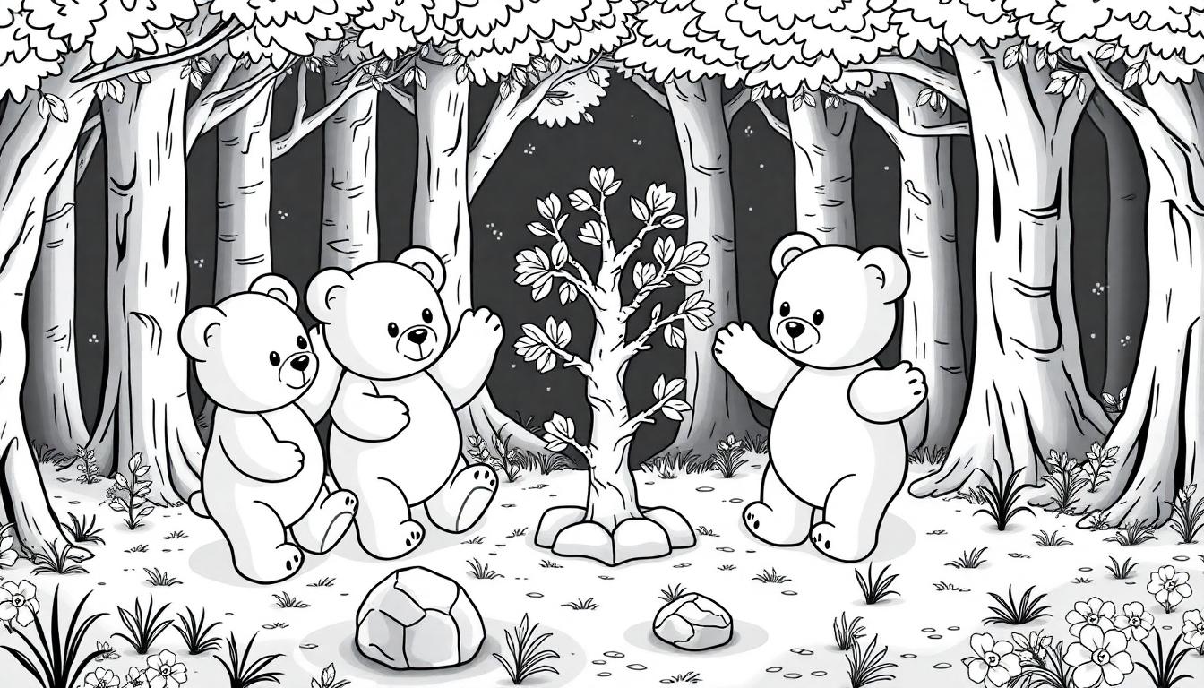 Kleurplaat van drie schattige beren die rond een kleine, bladerrijke boom zitten in een magisch bos, allemaal blij en met hun poten omhoog.