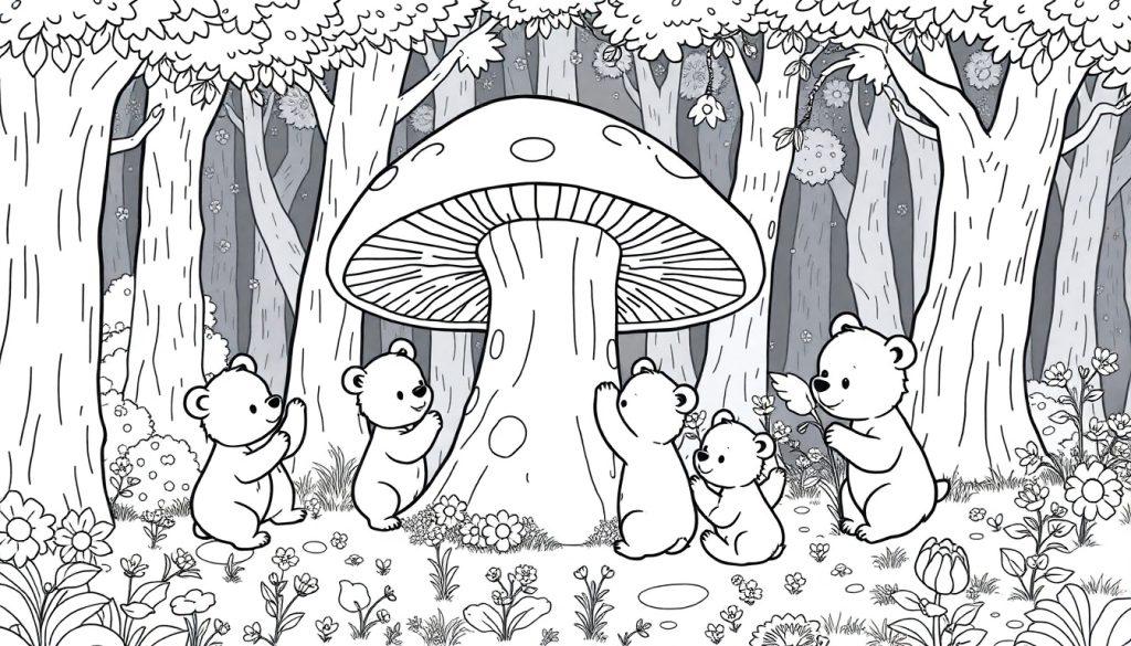 Zwart-wit kleurplaat van een magisch bos met schattige beren en een grote paddenstoel
