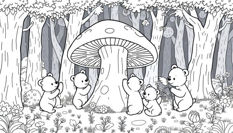 Zwart-wit kleurplaat van een magisch bos met schattige beren en een grote paddenstoel