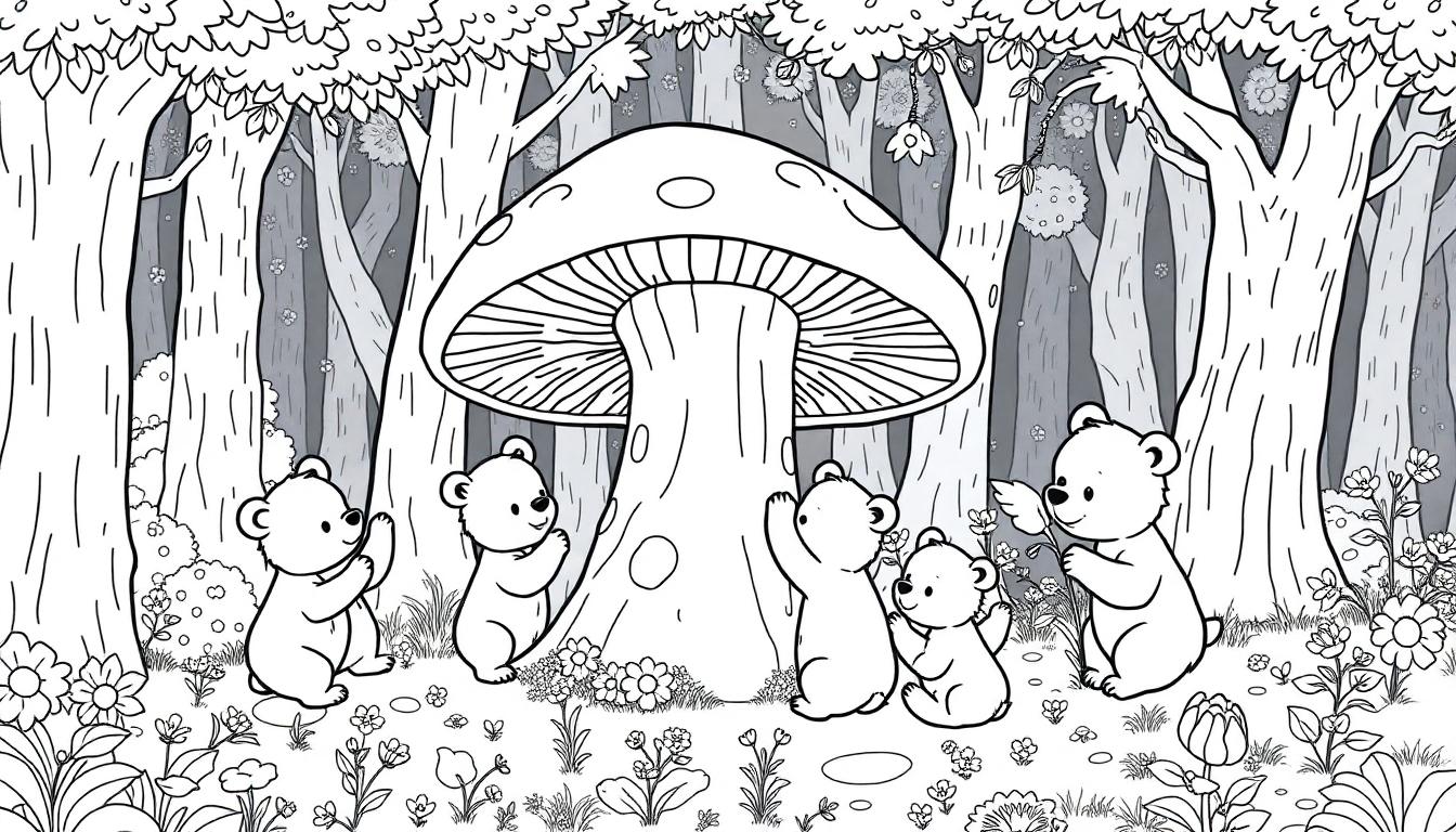 Zwart-wit kleurplaat van een magisch bos met schattige beren en een grote paddenstoel