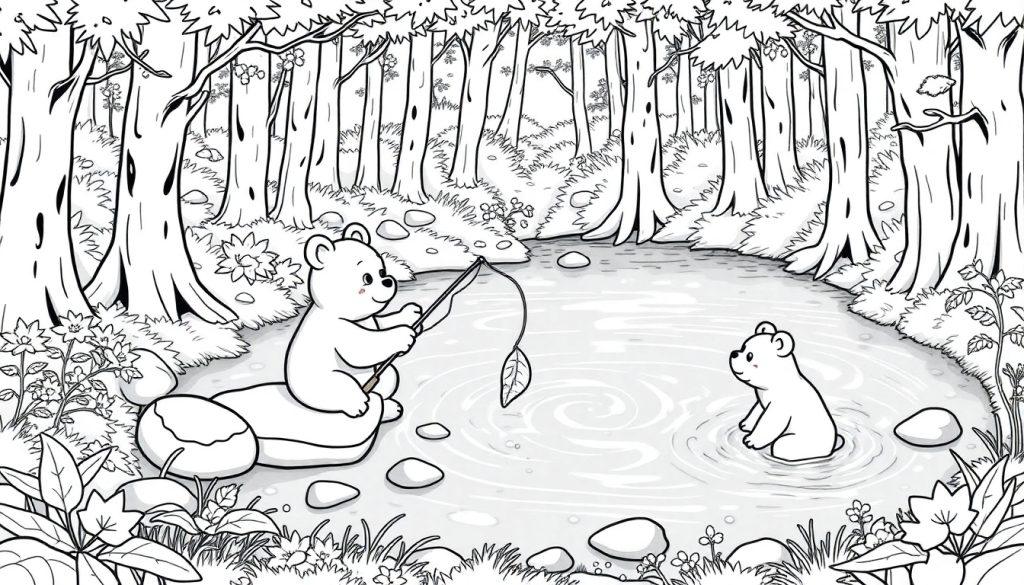 Een zwart-wit kleurplaat van een bos met twee schattige beren bij een vijver. Een beer zit op een steen met een hengel en een blad als haak, terwijl een andere beer in het water nieuwsgierig kijkt. Het bos is vol bomen, stenen en planten. Het ziet er vredig en speels uit.