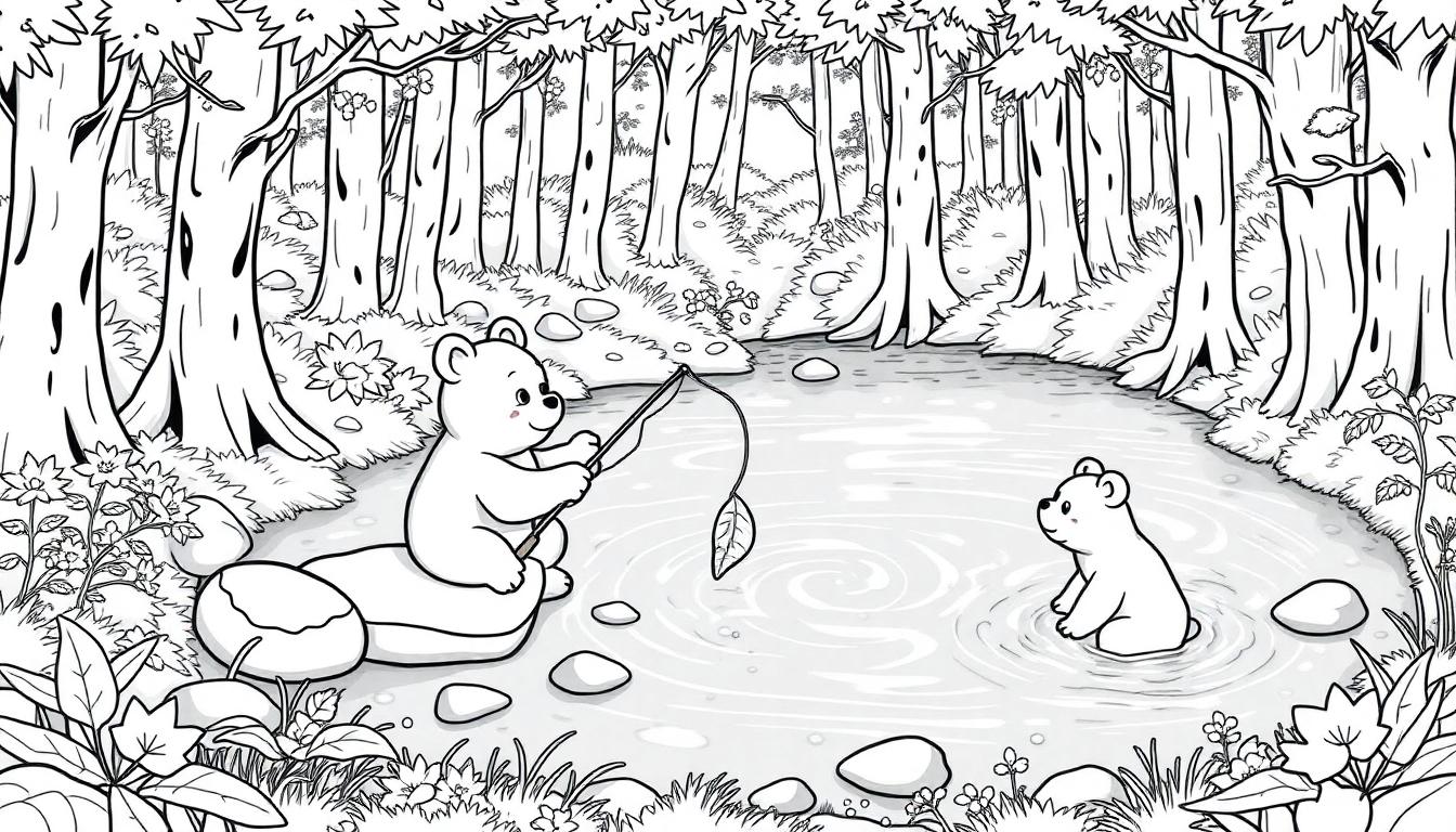 Een zwart-wit kleurplaat van een bos met twee schattige beren bij een vijver. Een beer zit op een steen met een hengel en een blad als haak, terwijl een andere beer in het water nieuwsgierig kijkt. Het bos is vol bomen, stenen en planten. Het ziet er vredig en speels uit.
